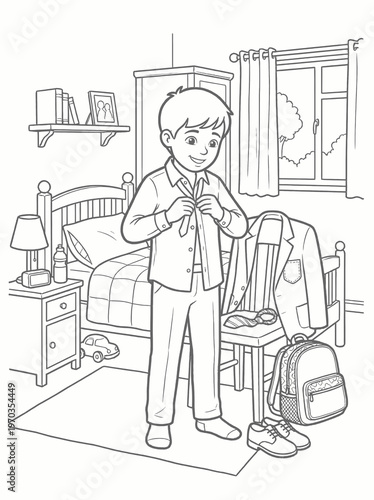 Coloring page of boy getting dressed and tying tie in bedroom with car toy