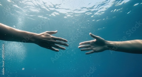 Underwater view of two hands reaching out to each other in clear blue water.
