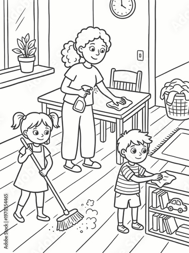 Coloring page of mother and children cleaning house together with laundry basket