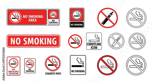 Collection of No Smoking Signs and Symbols, Including Electronic Cigarettes and Vaping Icons