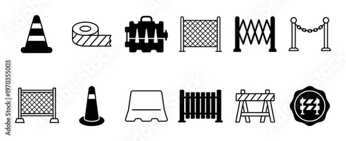 Set of black barrier and safety icons including traffic cones, fences, barricades, and caution tape for construction and road work concepts in a simple glyph and line art style
