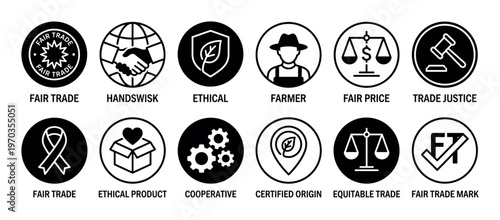 Collection of fair trade vector icons representing ethical business, certified origin, fair price, trade justice, and cooperative production in a simple black and white graphic style