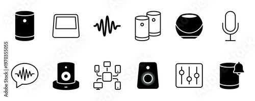 Collection of black smart speaker icons representing voice assistant technology, audio devices, and home automation in a clean, minimalist glyph and line art style for user interface design