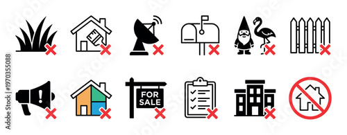 Homeowners association rules and regulations icon set illustrating various property restrictions, prohibitions, and community guideline violations in a simple graphic style