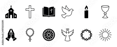Set of twelve Christian faith symbols featuring a chapel, holy bible, rosary, angel, dove, chalice, praying hands, and crown of thorns as simple black line art and glyphs