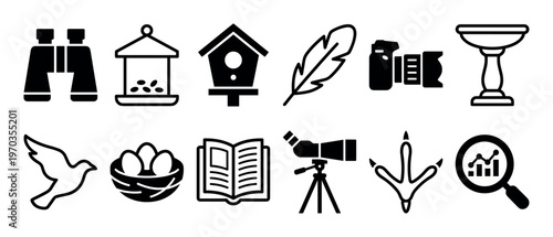 Set of black birdwatching and ornithology icons showing binoculars, a birdhouse, a nest with eggs, a camera, a feather, a telescope, and a bird feeder for hobbyists