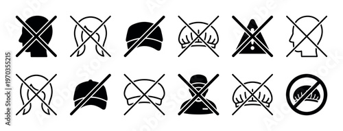 Set of black prohibition icons showing no headwear is allowed, including crossed-out heads, hats, caps, and chef toques for public area warning signs in a simple vector style