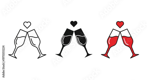 Cheers with two elegant champagne glasses clinking, crowned by a heart, symbolizing romantic celebrations, anniversaries, weddings, and joyous special occasion toasts