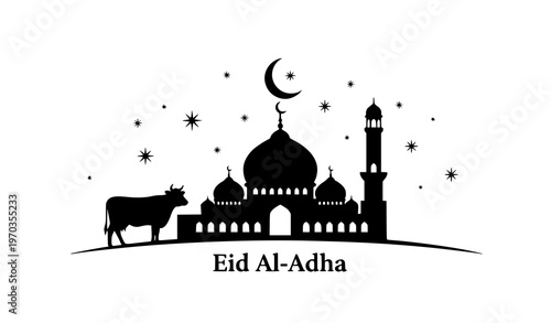 Eid al-Adha Mosque and Cow Silhouette – Islamic Qurbani Festival Vector