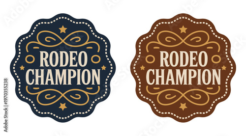 Rodeo champion cowboy label and belt buckle vector design, vintage western typographic emblem with bull rider medal for ranch branding, apparel graphics, retro badge, and signage