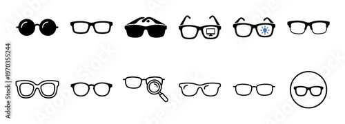 Collection of black glasses icons showing various styles of eyewear and conceptual symbols for vision, technology, and research in a minimalist graphic illustration set