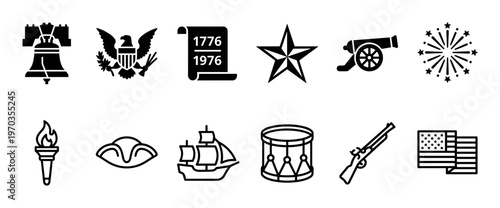 Set of black American Revolution icons including the Liberty Bell, eagle, flag, and cannon, representing historical patriotic symbols for the Fourth of July holiday celebration