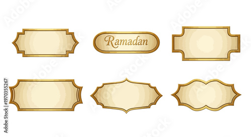 Ornate golden Islamic frames with a traditional Arabic design and calligraphy element suitable for festive decorations and graphic design projects