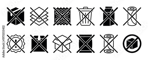 Black packaging and handling prohibition symbols set showing various warnings for cargo and parcels, including do not stack, do not litter, and do not cut, presented in a simple graphic style