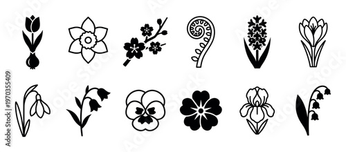 Set of twelve black spring flower icons showing various blooms like tulip, daffodil, iris, and crocus in a simple, elegant line art and silhouette style