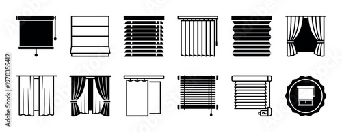 Collection of black window treatment icons showing different styles of curtains, blinds, and shades in a minimalist graphic silhouette and line art design for home decor concepts