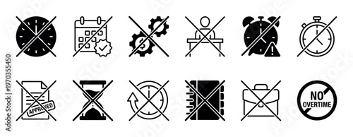 Set of black crossed-out work and time icons illustrating the concept of no overtime, quiet quitting, and healthy work-life balance in a minimalist glyph style