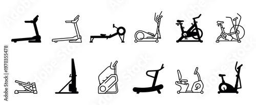 Various fitness gym exercise machine icons are displayed in a clean, modern, and simple black and white line art and silhouette style, representing different types of workout equipment