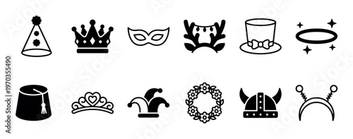 Diverse collection of black and white party hats and festive headwear icons, featuring crowns, masks, antlers, top hats, halos, fezzes, tiaras, jester hats, wreaths, Viking helmets, and alien antennae