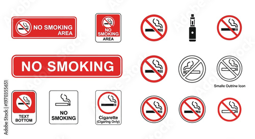 Extensive collection of 'No Smoking' signs, symbols, and icons, clearly illustrating prohibitions and health warnings for public spaces and designated smoke-free zones