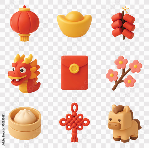 Chinese New Year Vector Icon Set | 3D icon set | Chinese Lantern, Gold Ingot, Firecrackers, Dragon, Red Envelope, Cherry Blossoms, Steamed Bun, Chinese Knot, Year of the Horse Zodiac Animal