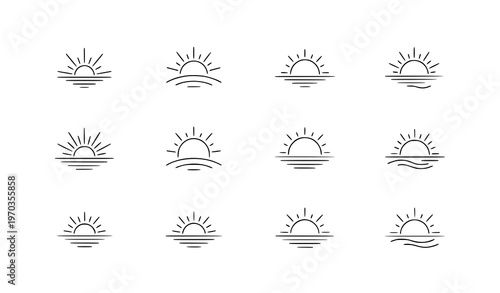 A set of minimalist vector sun icons in various line art styles