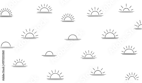 A minimalist vector graphic illustration of multiple sunrise icons on a white background