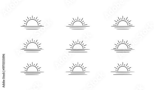 A set of minimalist vector sun icons in a simple line art style