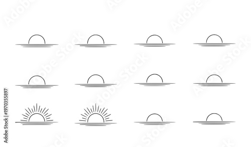 A set of minimalist sun and sunrise icons in a simple line art style