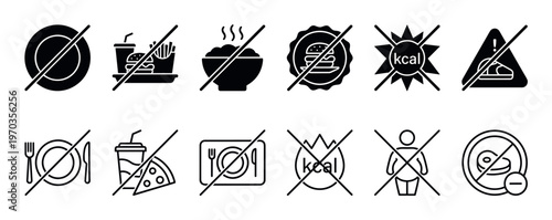 Set of black prohibition food icons showing concepts of dieting, fasting, calorie control, and avoiding unhealthy junk food, presented in solid glyph and thin outline styles