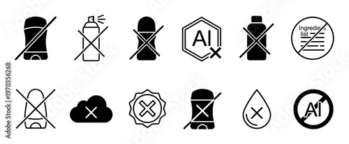 Deodorant and antiperspirant product feature icons showing aluminum-free, no spray, and natural ingredients, a collection of minimalist black symbols for clean beauty and cosmetic packaging labels
