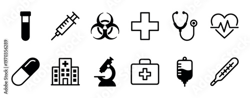 Diverse set of twelve black and white medical icons illustrating various healthcare concepts and equipment in a clean, modern, and easily recognizable line art style