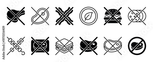 Collection of black linear food icons for vegetarian and vegan diets, featuring crossed-out symbols of meat, steak, bacon, and burgers to signify a meat-free lifestyle
