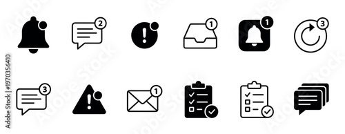 Collection of black notification icons for user interface design, featuring bell, message, alert, and checklist symbols with number counters for unread items and updates