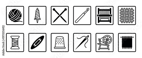 Set of black line art icons for sewing, knitting, and weaving, including yarn, needles, a loom, and thimble, presented as a simple vector graphic collection for handicraft concepts