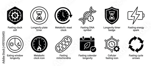 Collection of black glyph icons representing fasting, longevity, and metabolic health concepts, including symbols for eating window, cellular reset, DNA, and energy cycle