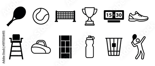 Set of black tennis sport icons featuring a racket, ball, net, trophy, scoreboard, and player silhouette in a minimalist flat vector graphic illustration style