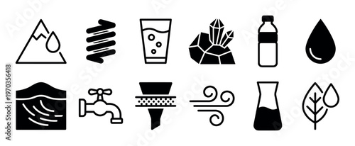 Comprehensive set of black and white water icons illustrating various aspects of natural resources, purification, consumption, and environmental sustainability in a clean, modern line art style