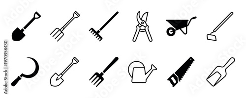 Set of black gardening tool icons featuring a shovel, rake, pitchfork, shears, wheelbarrow, hoe, sickle, and watering can in a minimalist silhouette and outline style