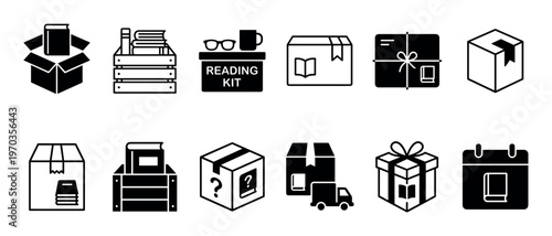 Collection of black glyph icons representing book subscription boxes, reading kits, and literature delivery services in a minimalist flat design style for various graphic design projects