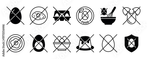 Collection of black egg-free icons representing a food allergen warning, featuring various crossed-out egg symbols like cartons, fried eggs, and bowls in a simple vector style