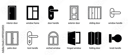 This collection of black and white door and window icons features various types of architectural elements and their handles, presented in a clean, minimalist graphic style