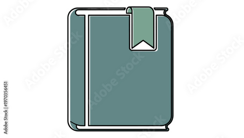 Minimalist teal book with a bookmark, outlined in black and white