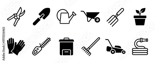 Set of twelve black gardening icons representing essential tools and equipment for yard work, including a lawn mower, rake, trowel, and watering can in a minimalist design