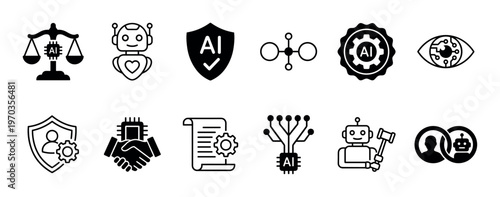 Set of black glyph icons representing artificial intelligence ethics, law, governance, and safety concepts like robot rights, data privacy, and automated judgment in a minimalist style