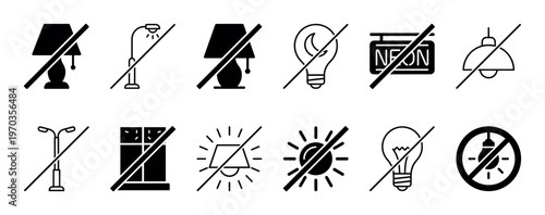Set of black vector icons showing various crossed-out light sources like lamps, bulbs, and the sun, representing a power outage, energy saving, or no light concept