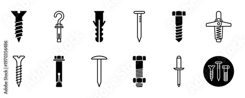 Collection of black fastener icons including screws, nails, bolts, anchors, and hooks presented in a minimalist glyph and line art style for construction and hardware concepts
