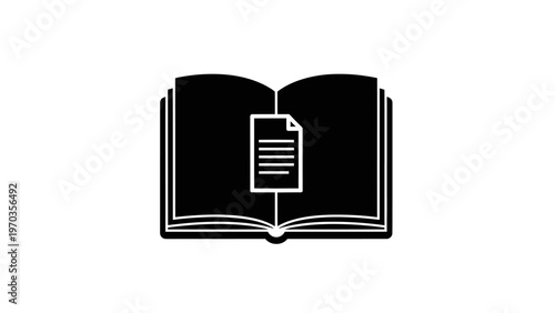 An open black book with a document and lines on its pages