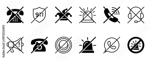 Set of twelve black crossed-out icons representing various prohibitions like no phone calls, no alarms, no sound, and no emergency services, presented as minimalist vector symbols