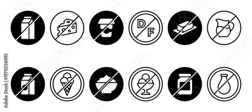 Dairy-free and lactose-free food allergen icons set with black and white glyph symbols for dietary restrictions, including no milk, cheese, butter, and yogurt for product packaging